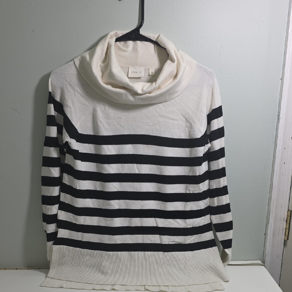 CYRUS Size S Striped Cowl Neck Sweater - Cream & Black